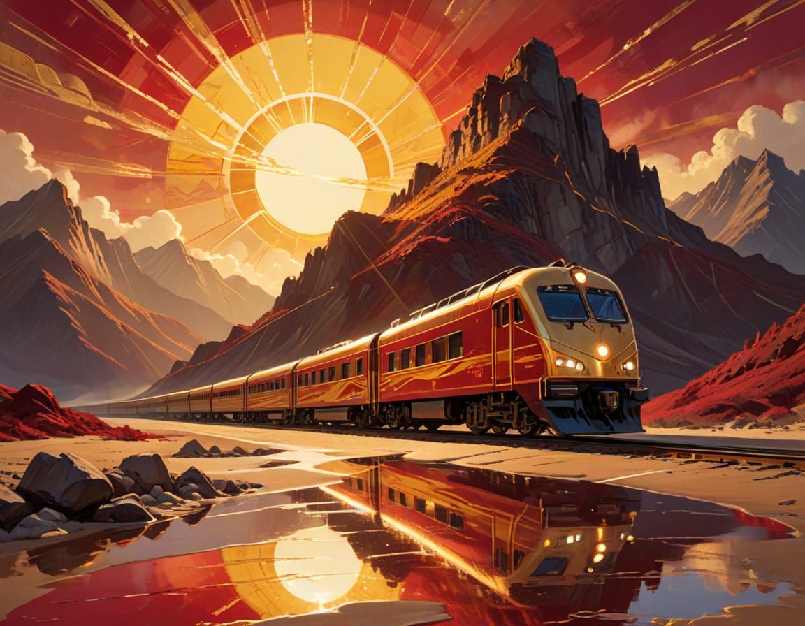 Golden Fantazy Train on Reflective Beach in Chiaroscuro Styl...
