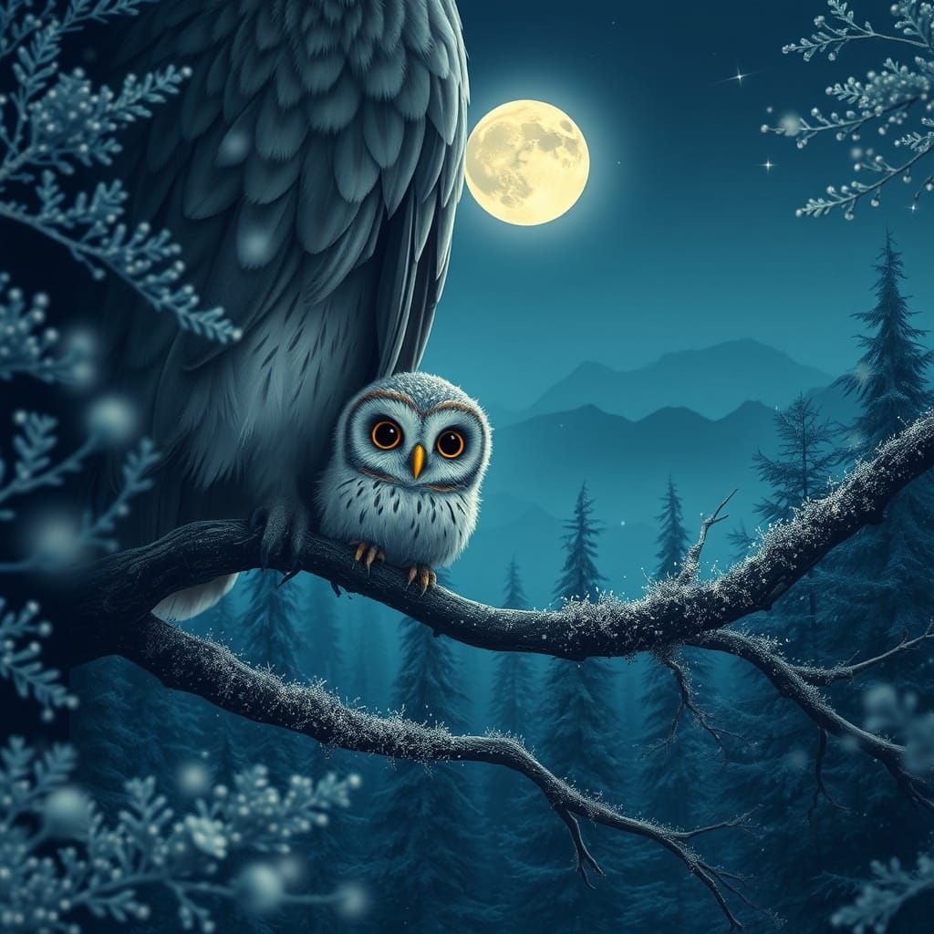 Baby Owl Protected in Glittery Forest Night