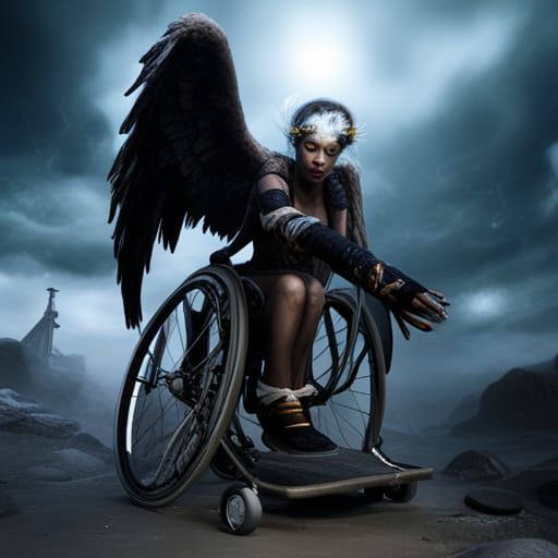 Black Angel in Wheelchair: Detailed Matte Painting