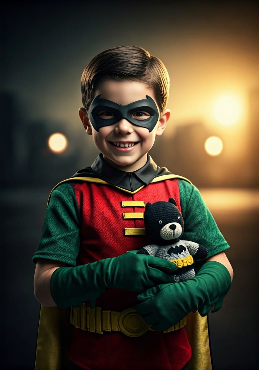 Boy Dressed as Robin with Batman Teddy Bear