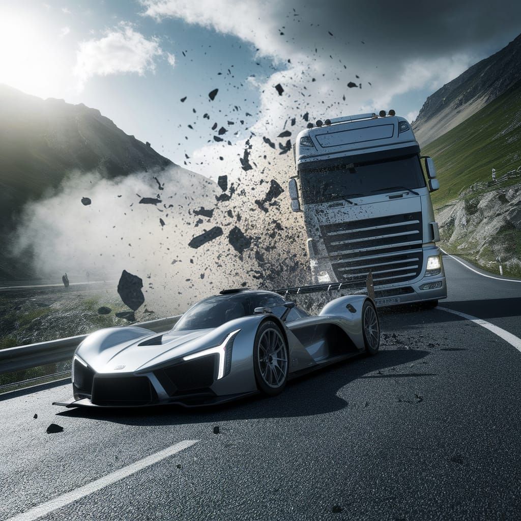 High-Speed Crash: Futuristic Car vs. Truck
