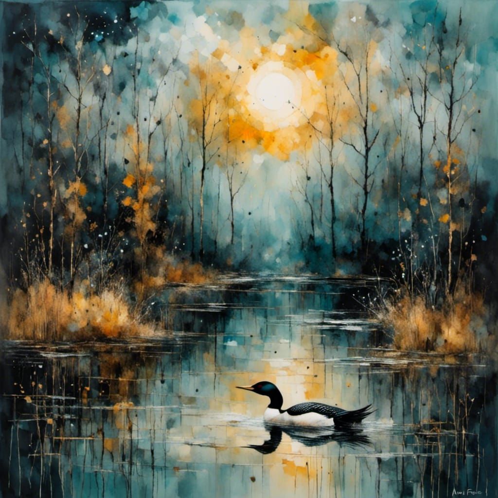 Loon on Foggy Pond in Watercolor Impasto Style