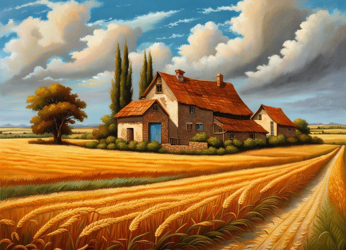 Farmhouse and Wheat Field in Oil Painting Style