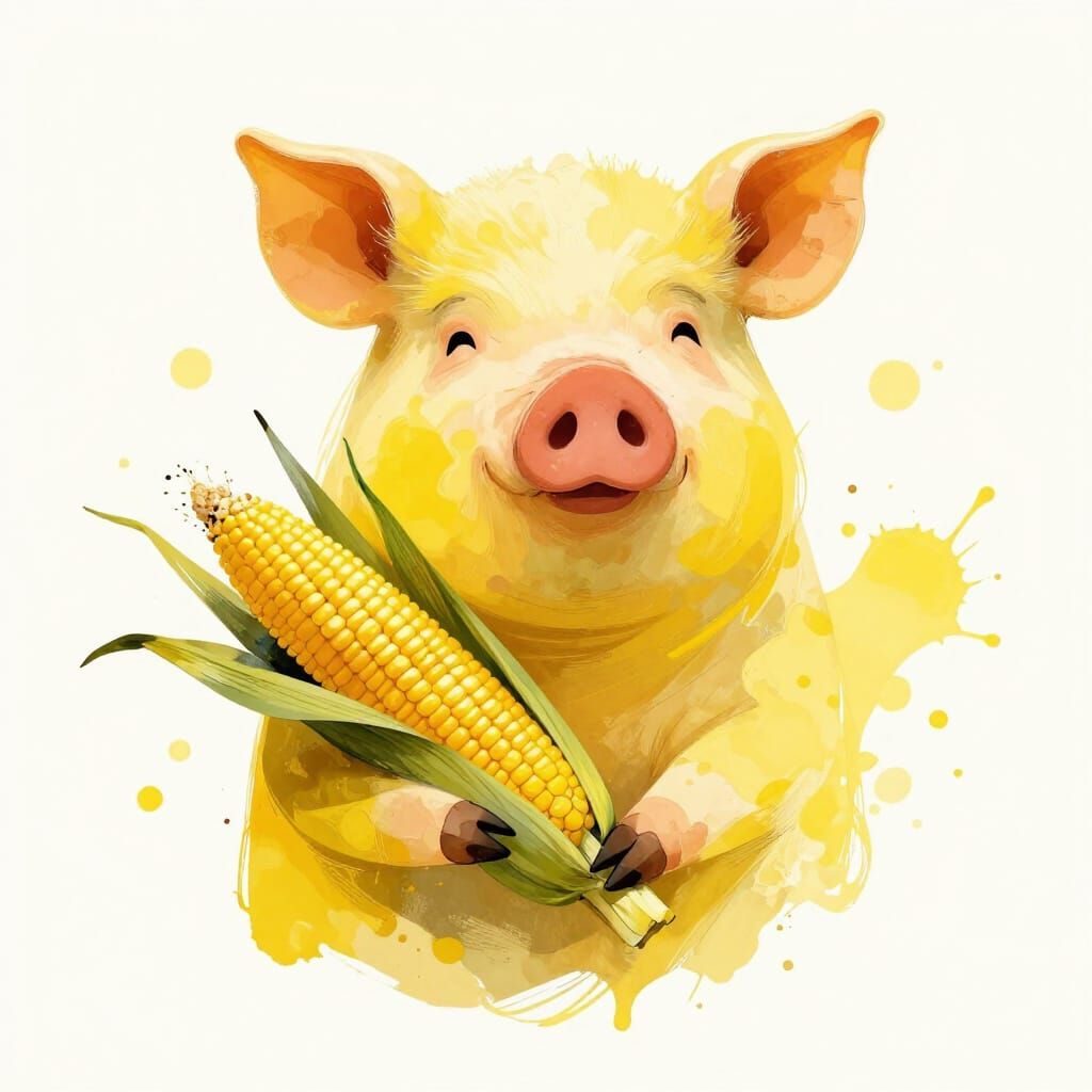 Abstract Pig Portrait with Corn Bouquet in Yellow Ink Splash...