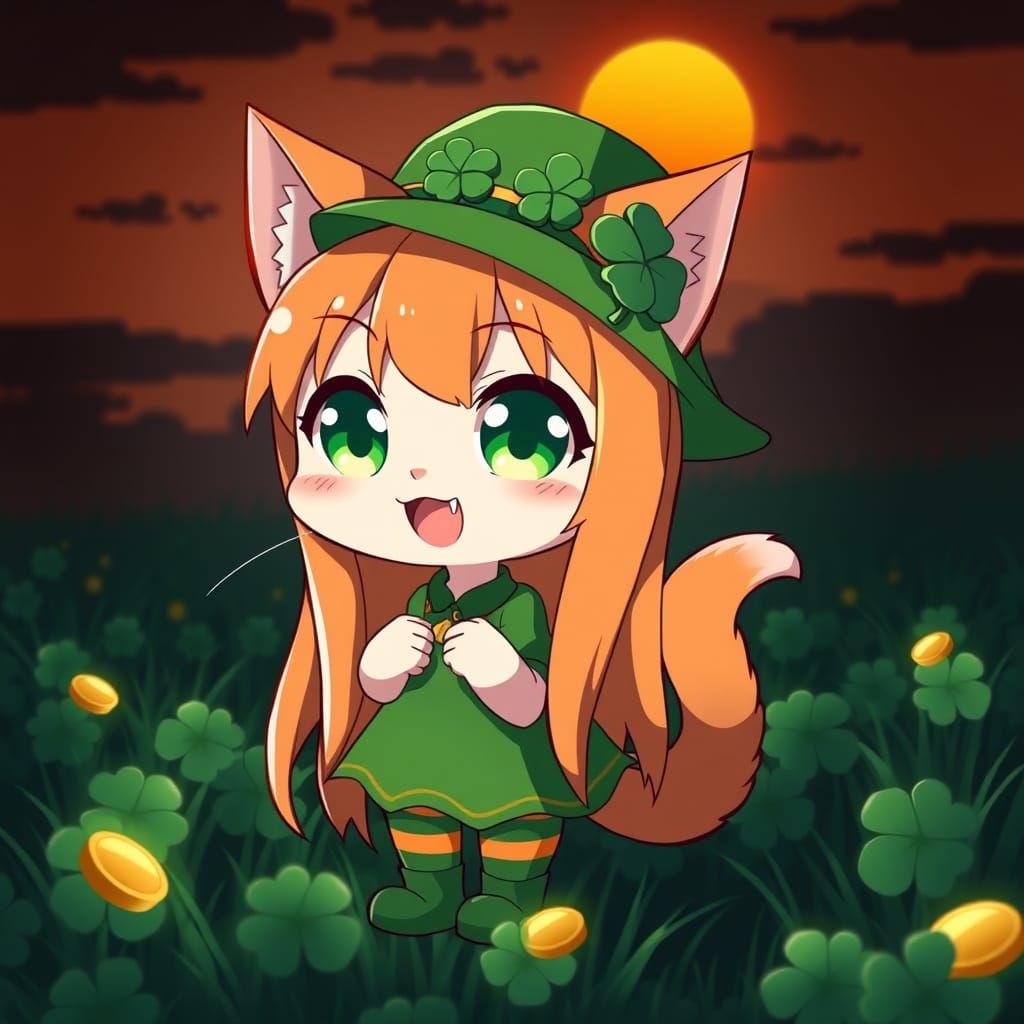 Whimsical Anime Catgirl in Leprechaun Attire Amidst Sunrise