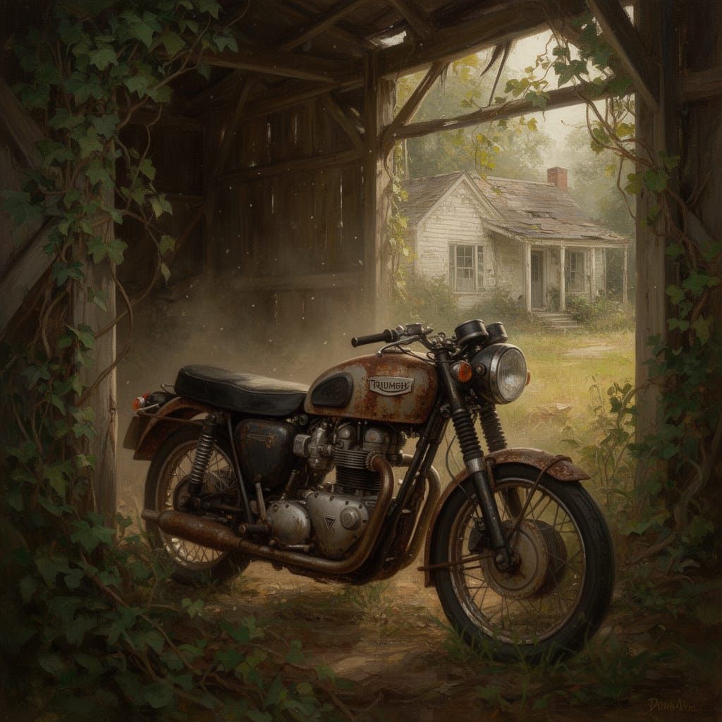 Rusty Triumph Motorcycle in Overgrown Barn: Oil Painting
