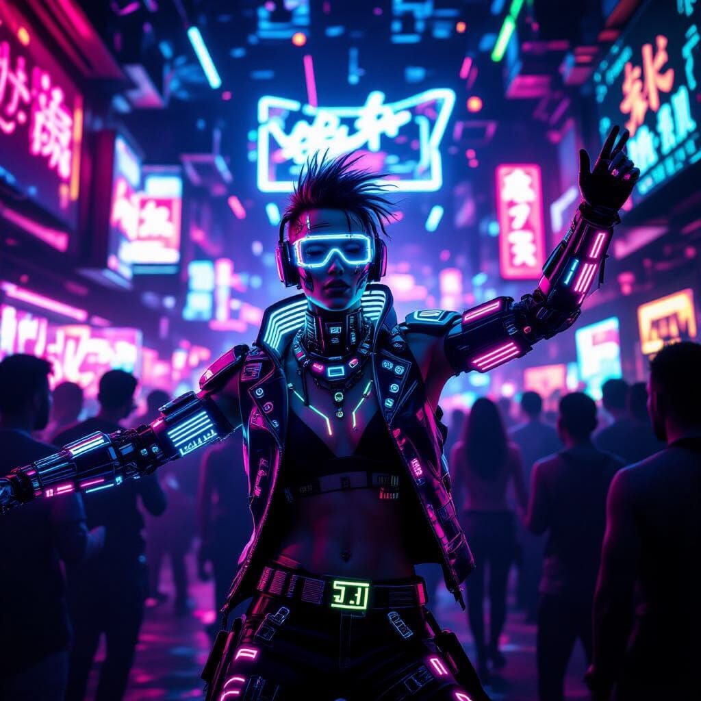 Cyberpunk Raver Dancing in Neon-Lit Underground Club