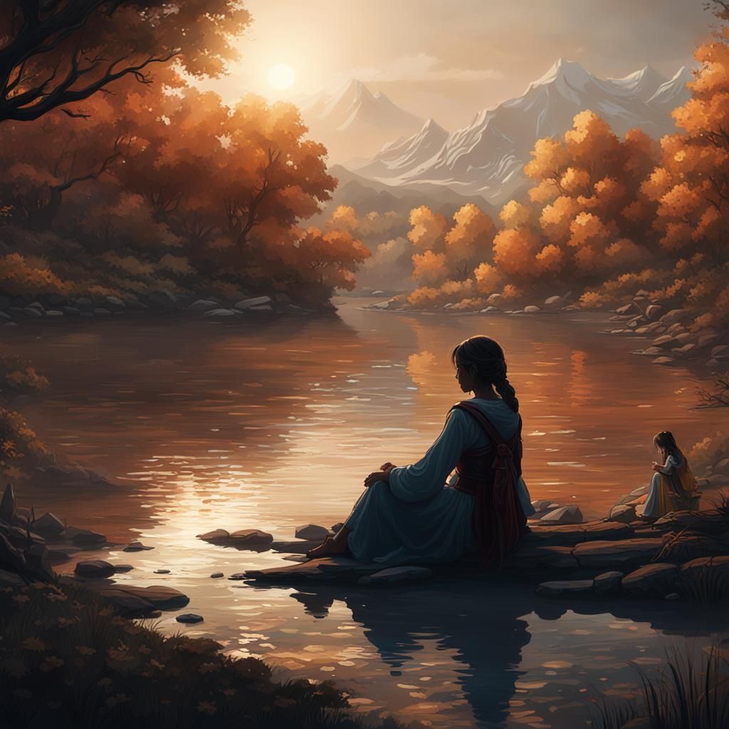 Silhouetted Girl on Riverbank: Matte Painting