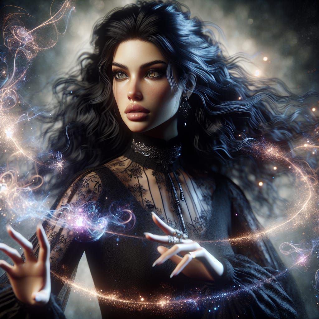 Hyper-realistic beautiful ethereal raven haired sorceress ca...
