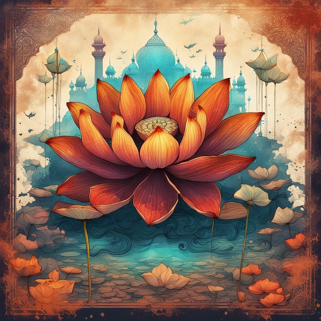 Colorful Lotus Sketch on Vintage Indian Background