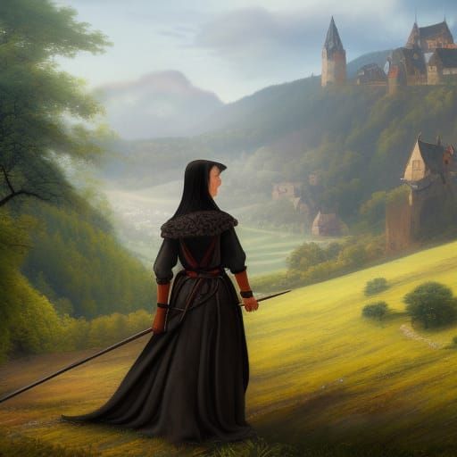 A medieval German widow watches the romantic Odenwald landscape