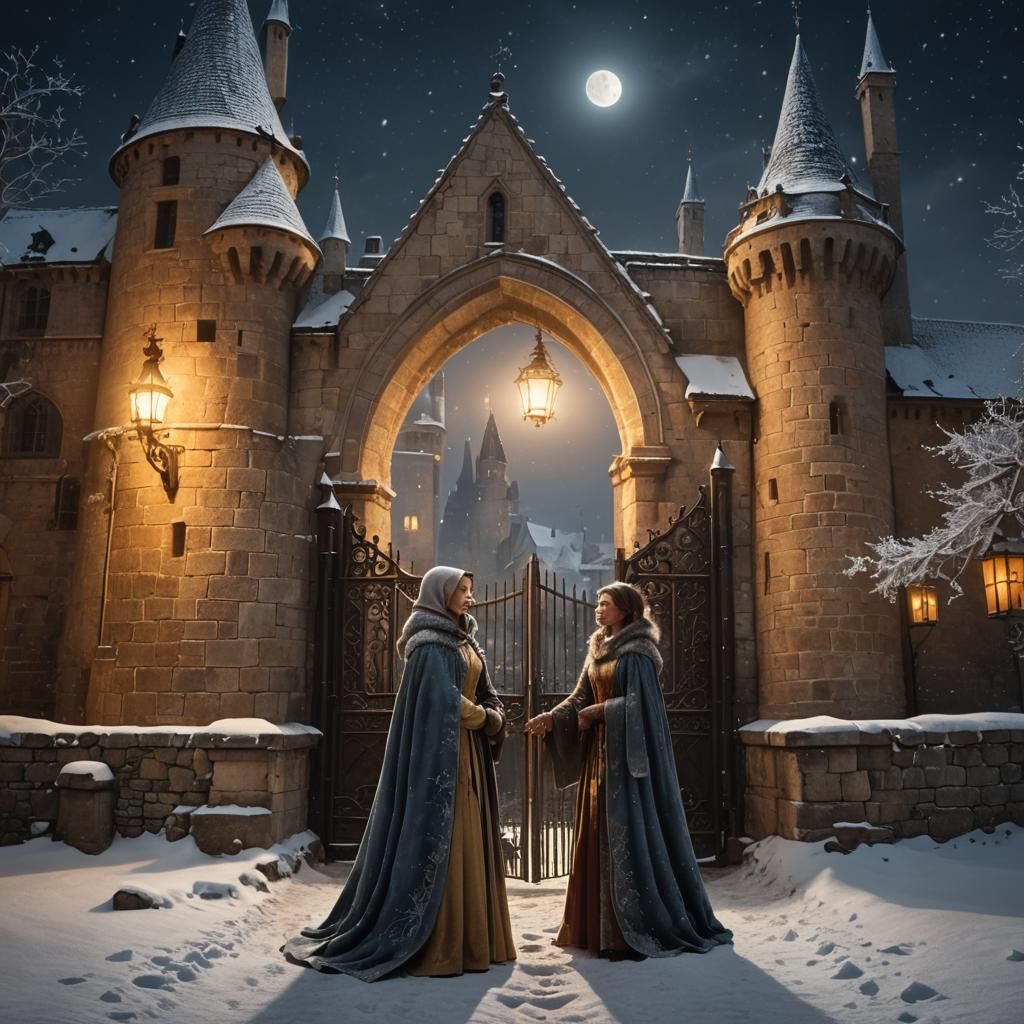 Girl at Medieval Castle Gate in Moonlit Winter Scene