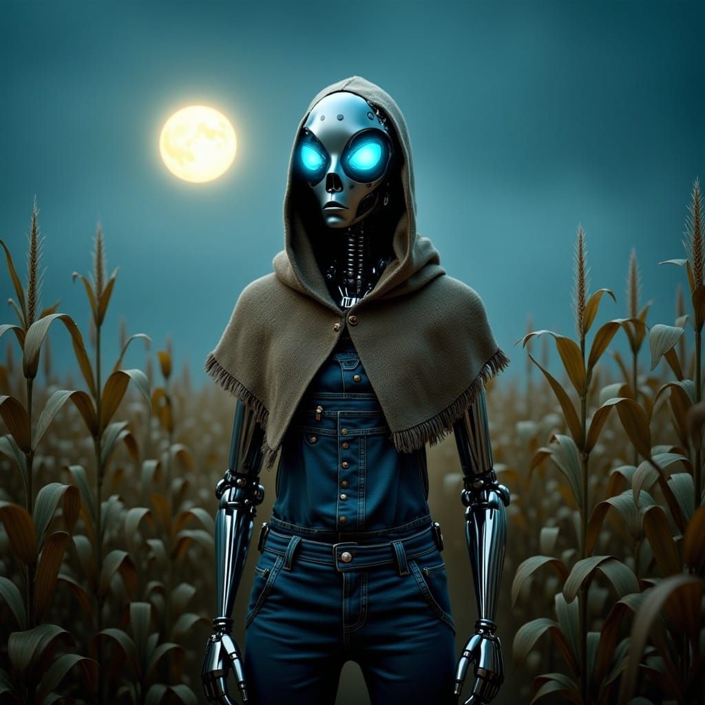 Cyborg Scarecrow in Moonlit Cornfield