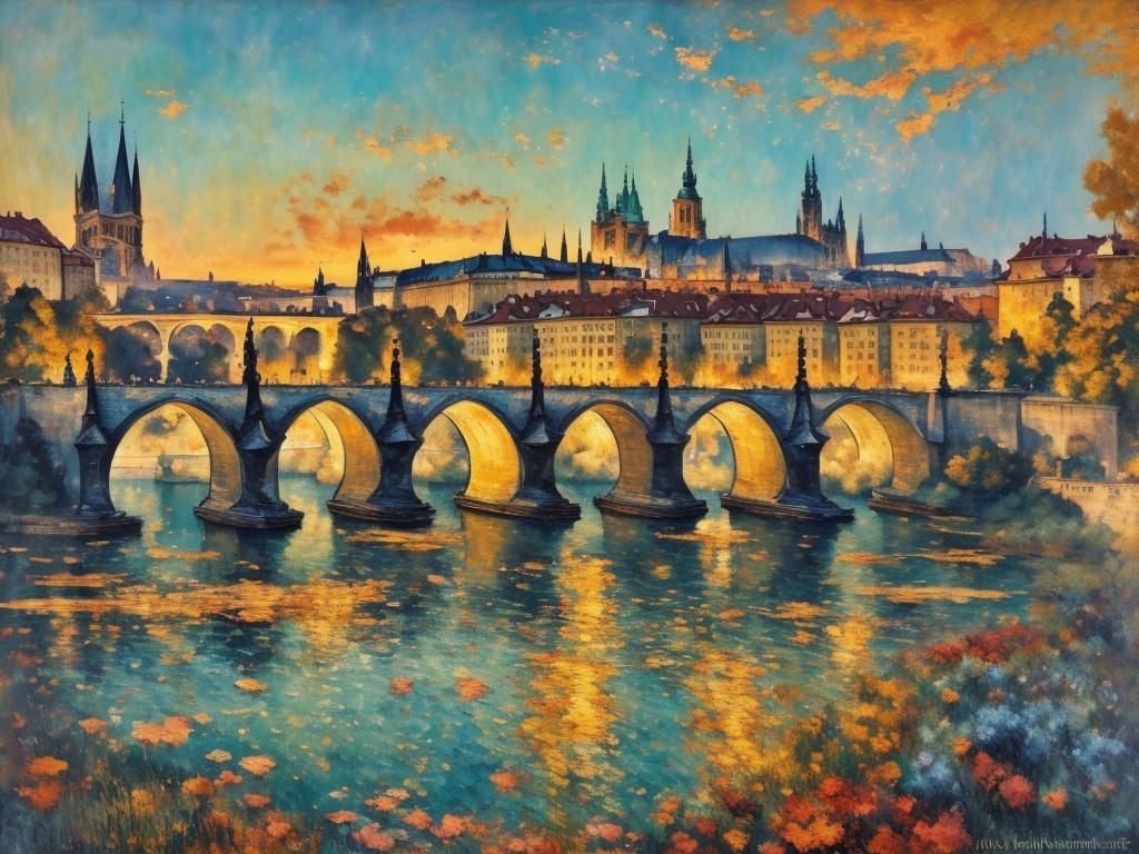 Charles Bridge Prague: Impressionist Autumn Digital Art