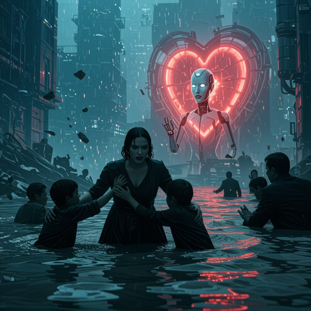 Flooded Metropolis Worker City with Heroic Maria and Android