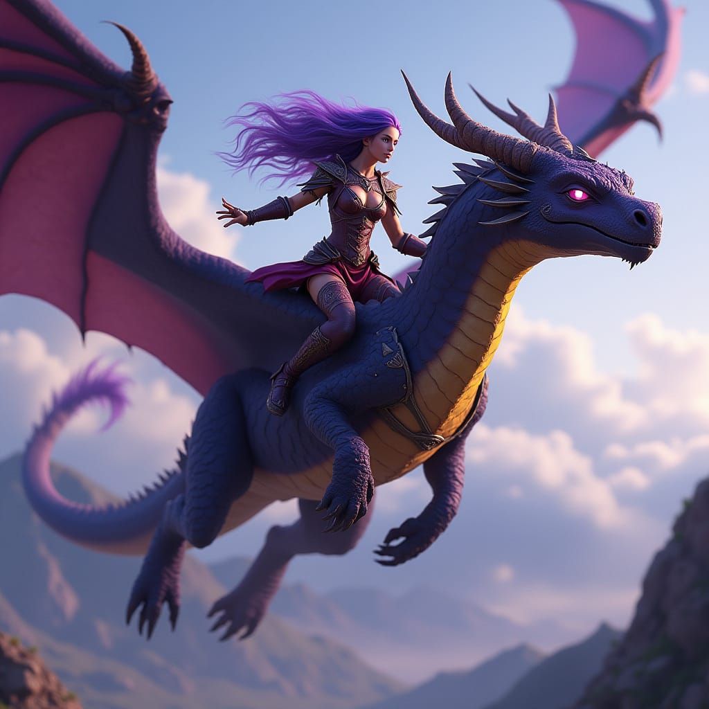 Violet Soars on Her Majestic Dragon Through a Stormy Sky