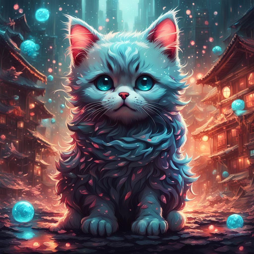 Crying Japanese Fluffy-Cat: Dark Fantasy Concept Art