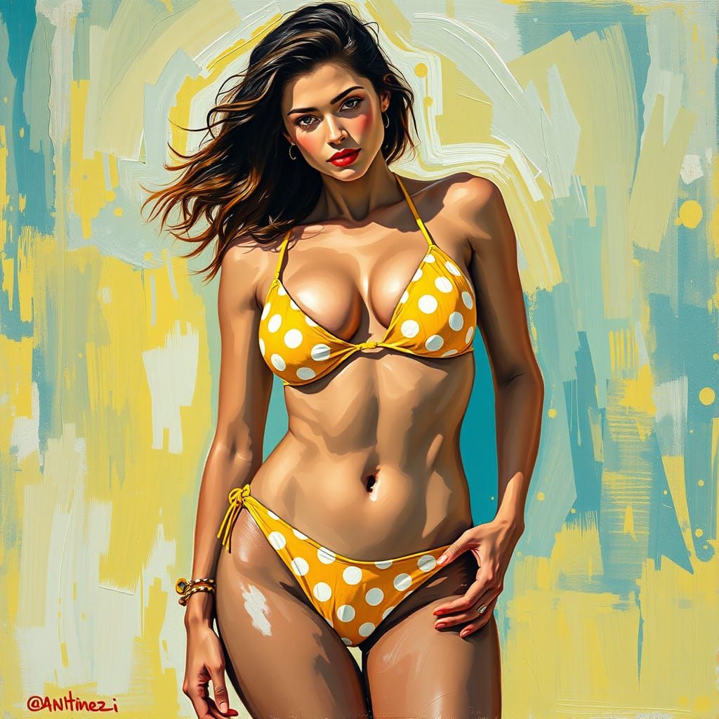 Woman in Polka Dot Bikini: Neo-Impressionist Digital Art