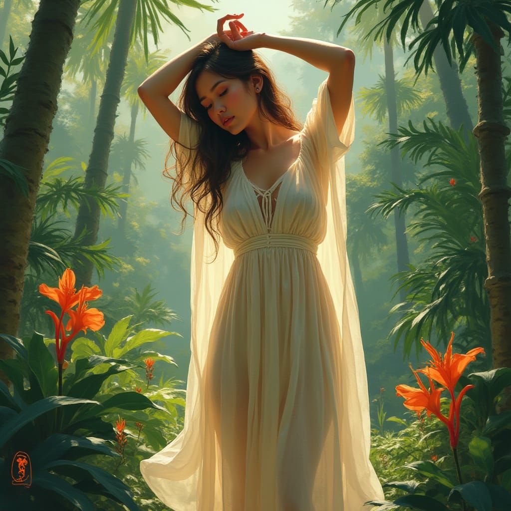 Tropical Forest Nymph in Art Nouveau Style