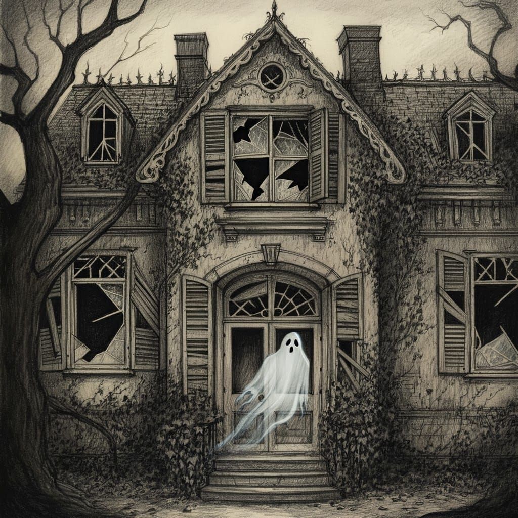 Spooky Mansion Pencil Drawing in Edward Gorey Style