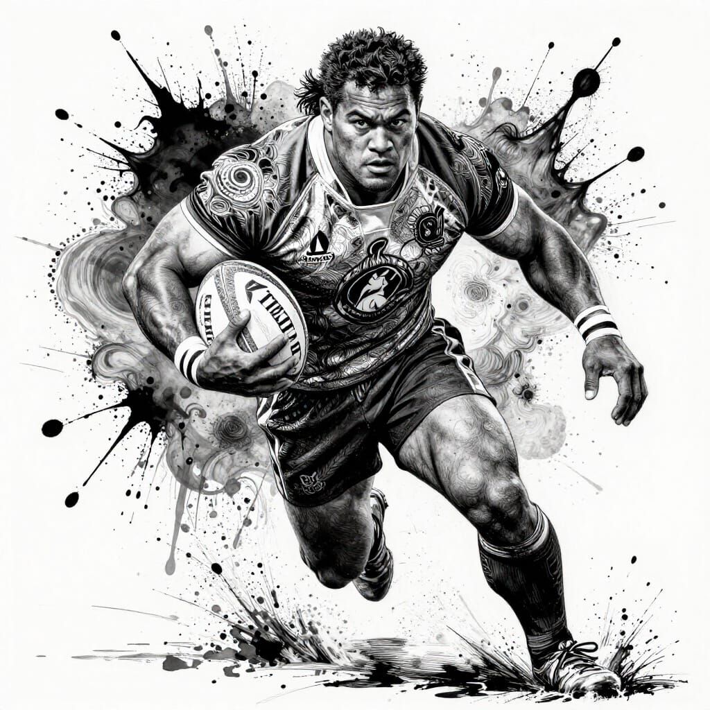 Samoan Rugby Player in Dynamic Ink Splatter Art