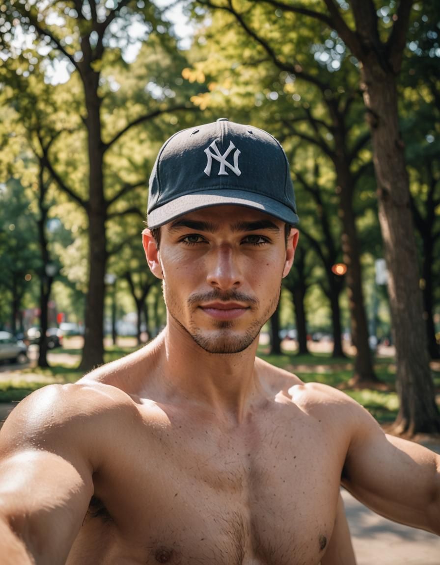Shirtless Man in Baseball Cap Taking Outdoor Selfie