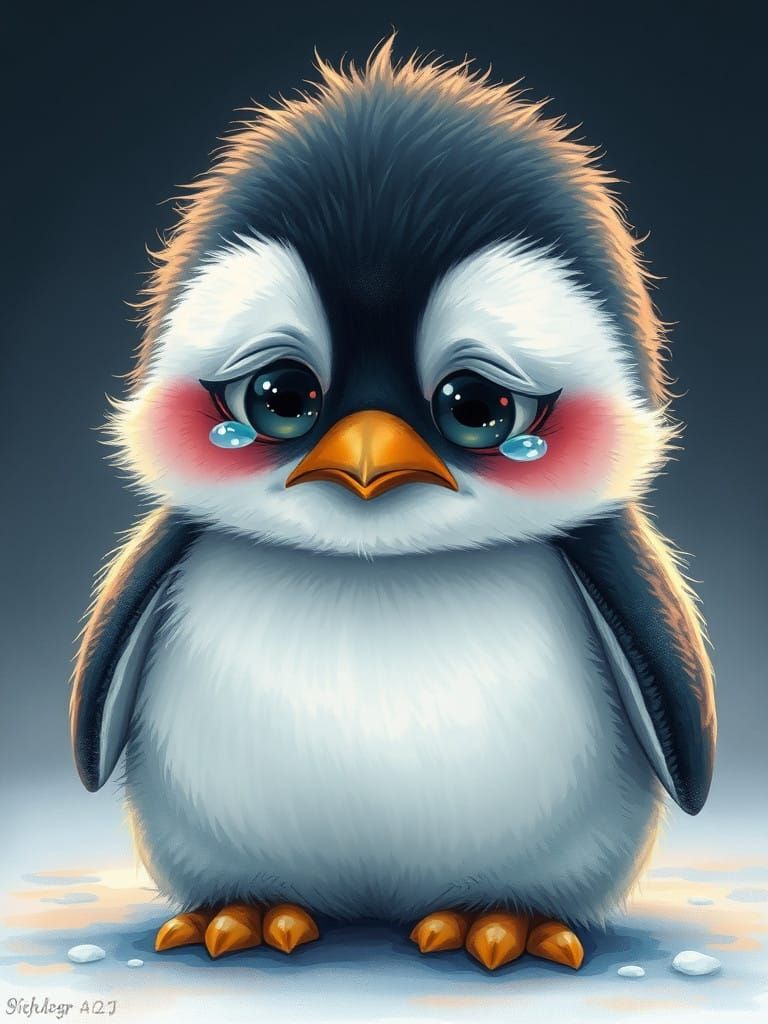 Surreal Deformed Drawing of a Crying Fluffy Baby Penguin