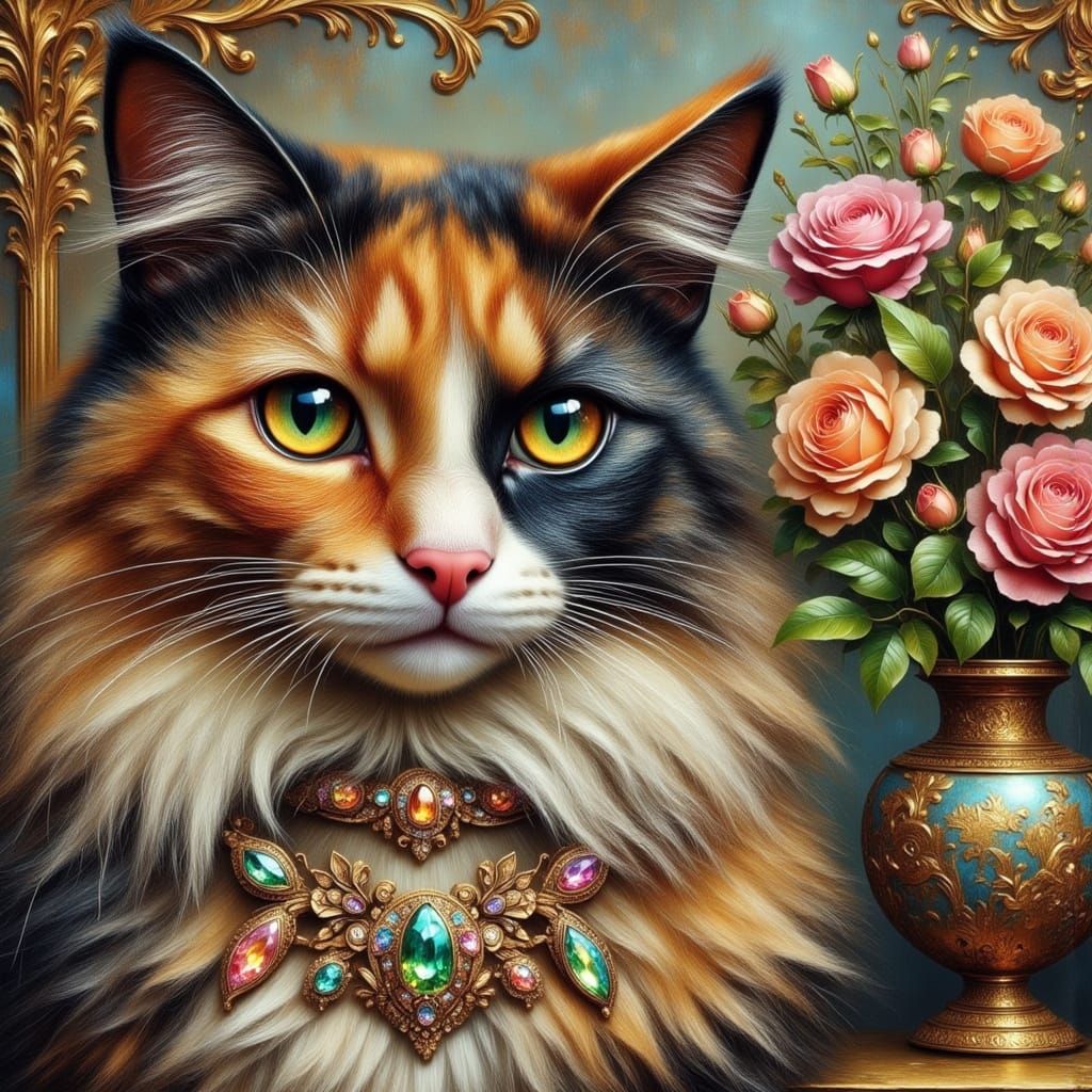 Elegant Tortie Cat in Vintage Gemstone Necklace