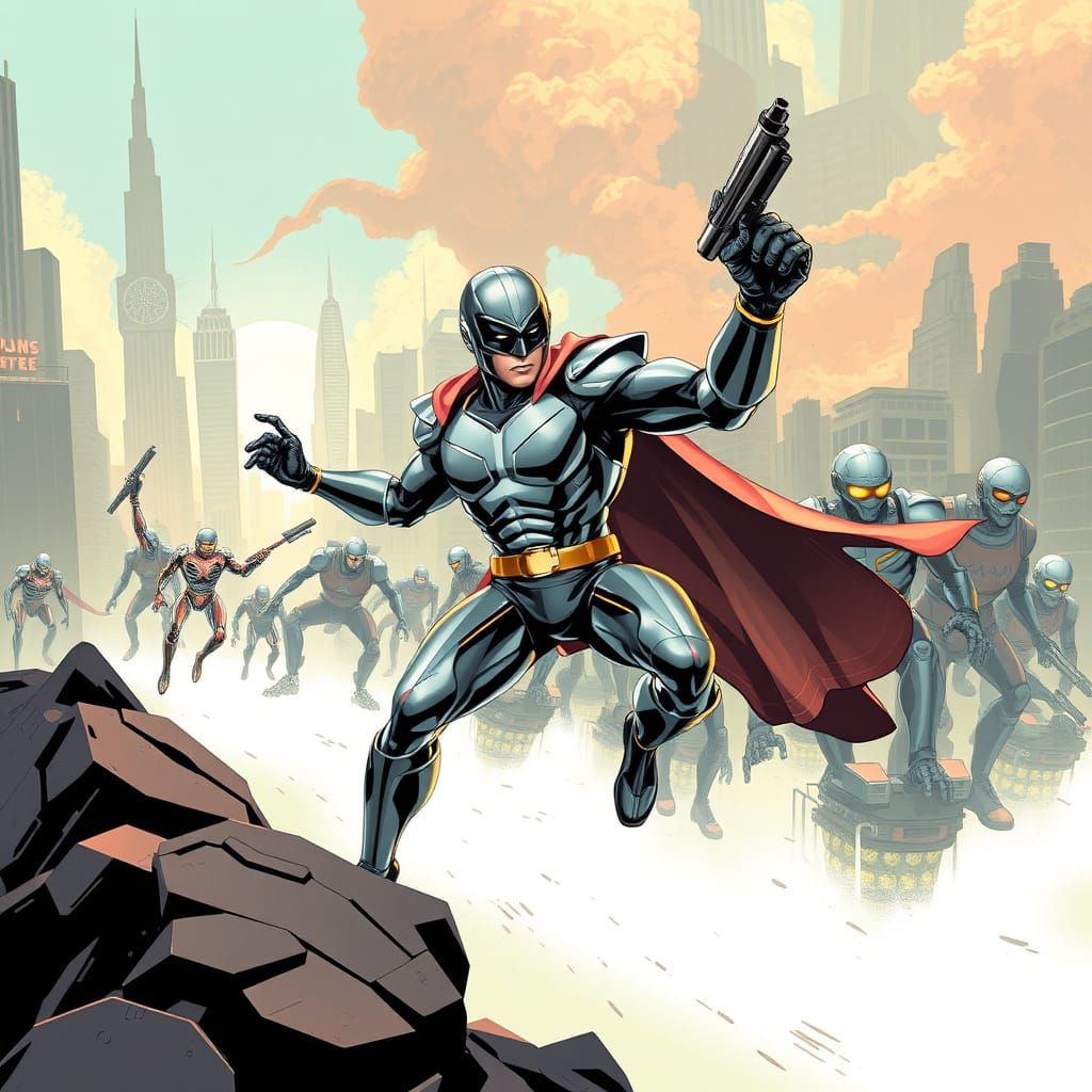 Neutron Battles Death Robots in Cyberpunk Cityscape