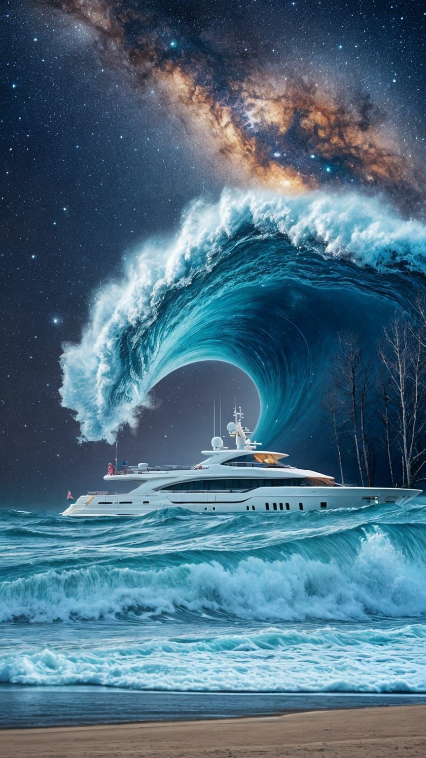 Surreal Cosmic Sea Wave Engulfs Luxury Yacht in Starry Night