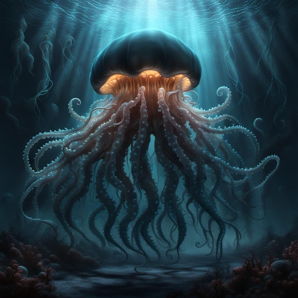 Epic Dark Fantasy: Bioluminescent Octopus Emerges
