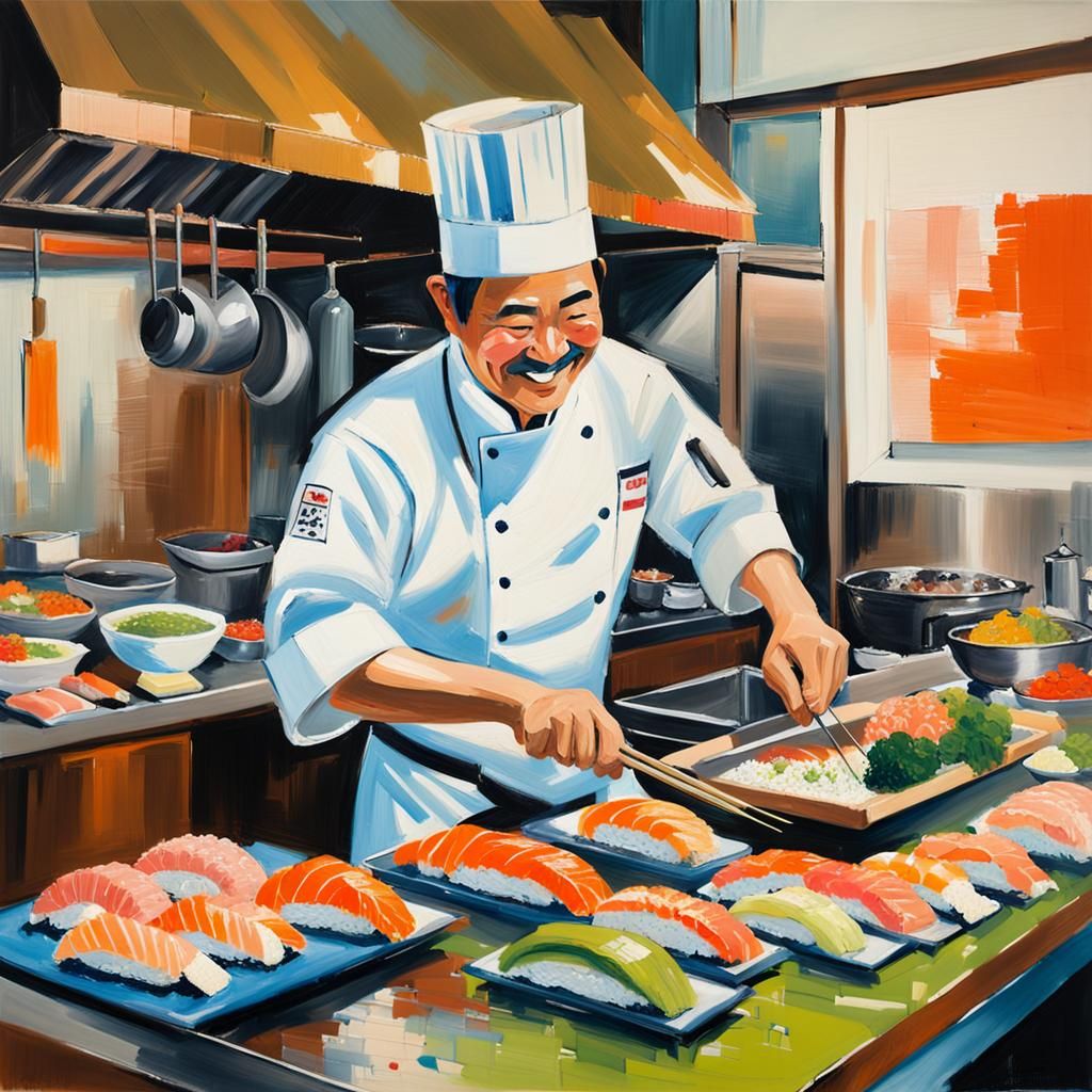 Japanese Chef in Impressionist Kitchen Scene
