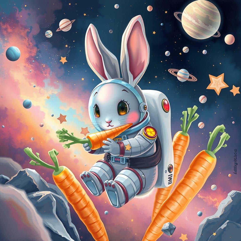 Cosmic Bunny Astronaut Eats Iridescent Carrot
