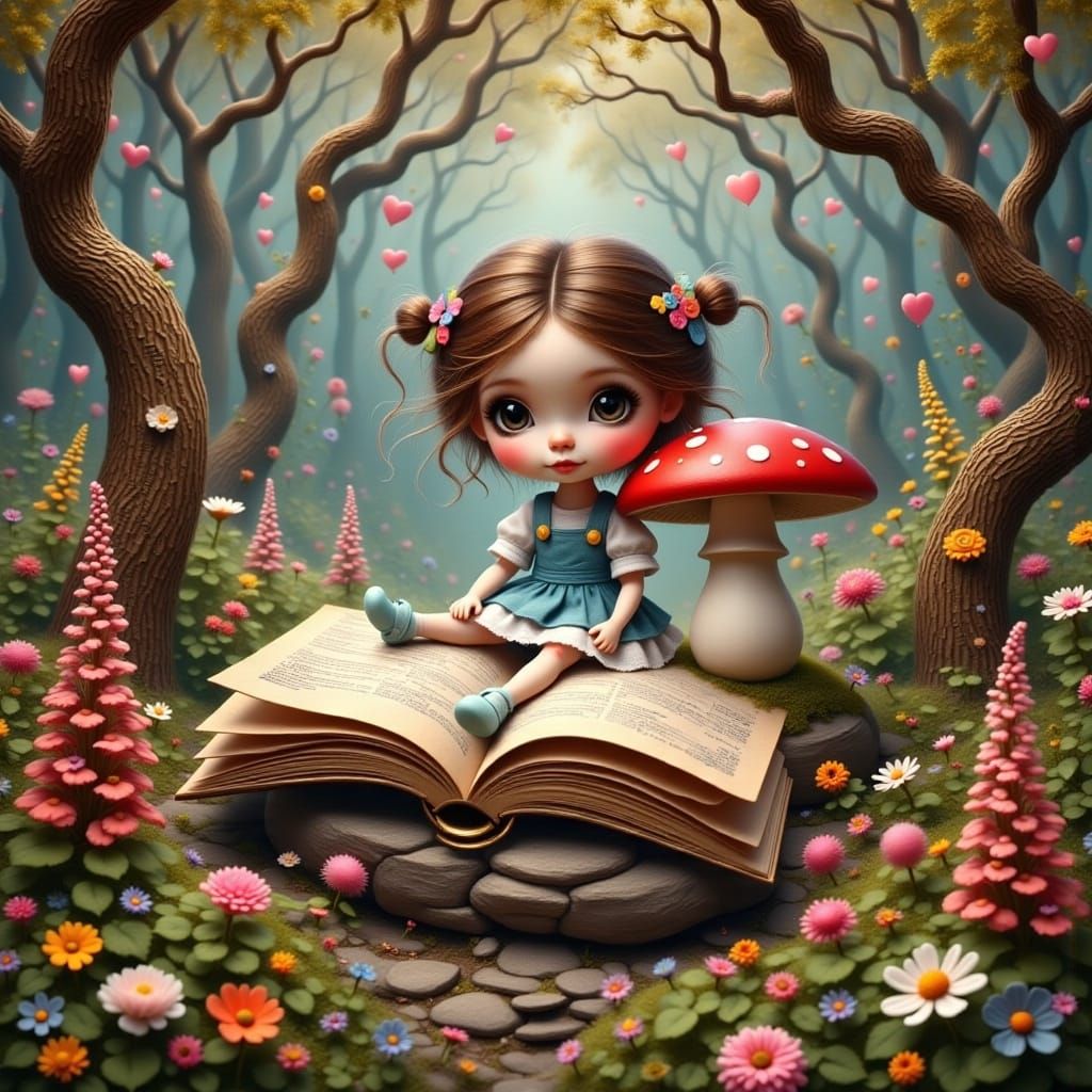 Adorable Doll Reads Fairy Tales on Mushroom in Magical Fores...