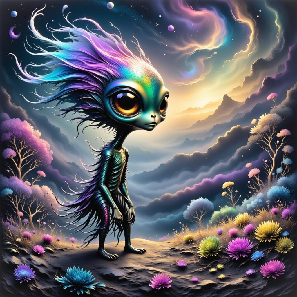 Whimsical Alien Sprite on Fairytale Planet in Alcohol Ink St...