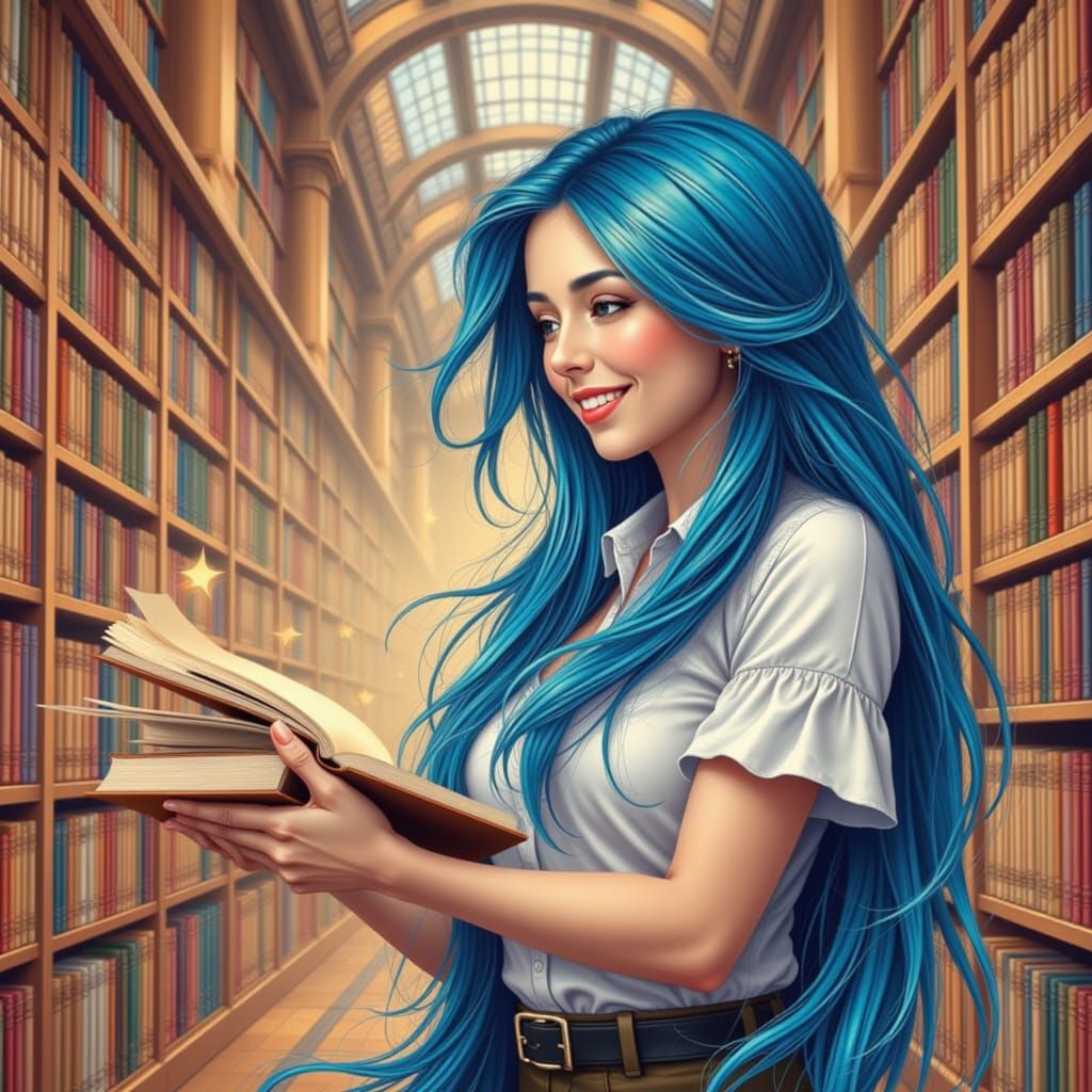 Woman with Blue Hair Seeks Books: Hyperrealistic Library Sce...