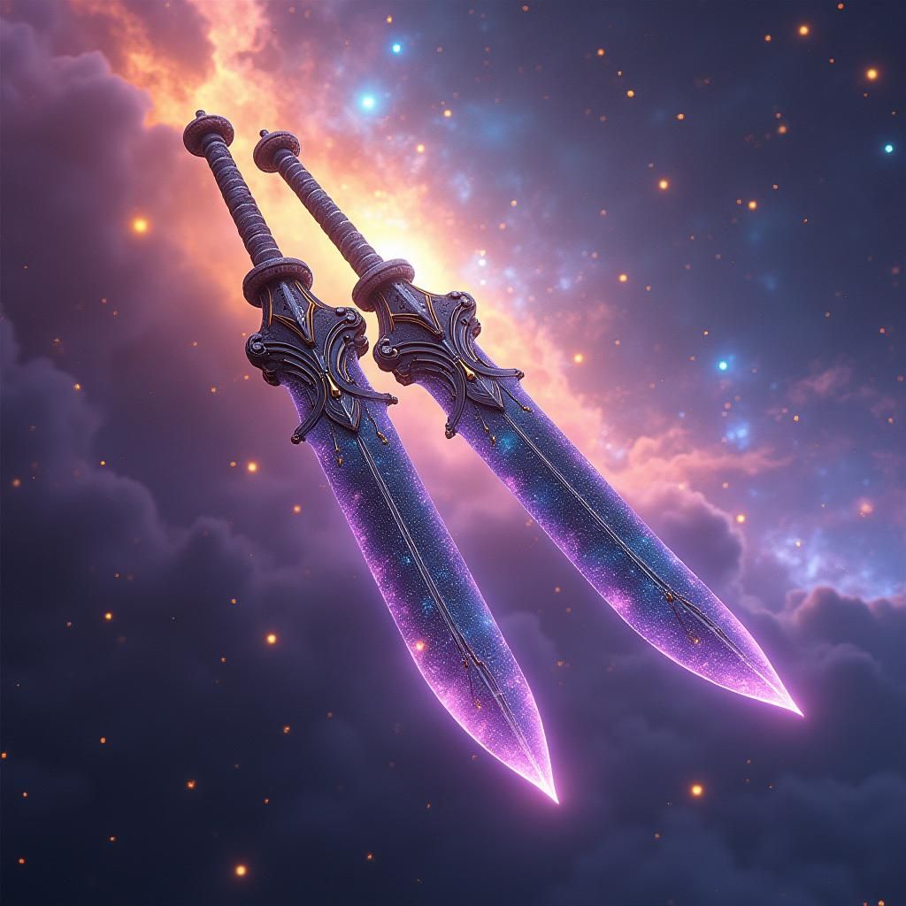 Galaxy Blades Against Cosmic Nebulae in Detailed Digital Art