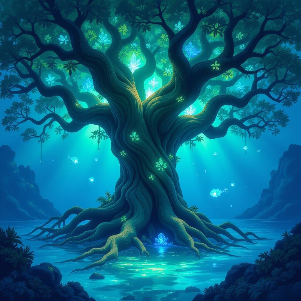 Ancient Bioluminescent Tree Rooted in Crystal Ocean
