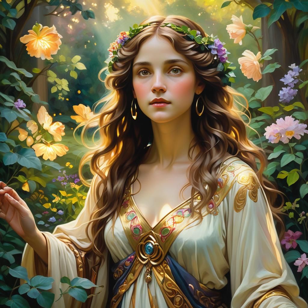 Goddess in a Lush Garden: Renaissance Oil Painting
