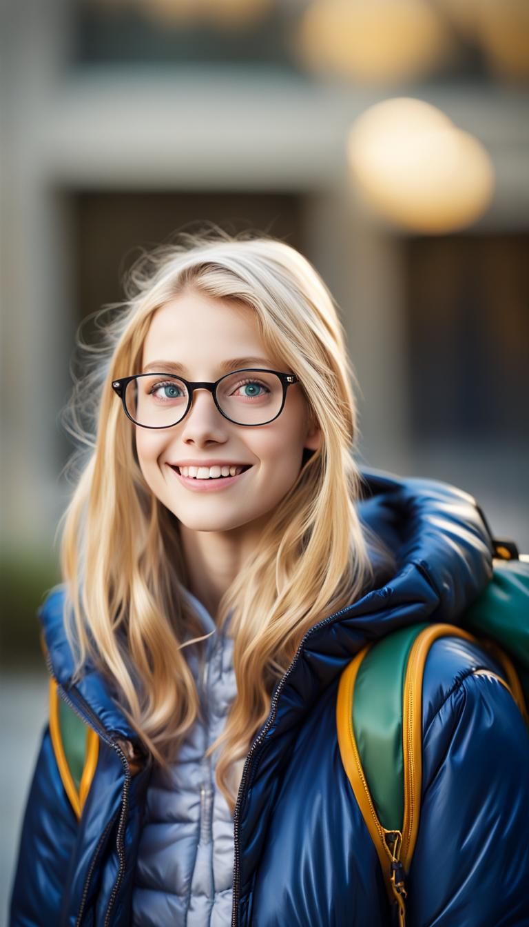 Surprised Schoolgirl in Puffy Jacket: Professional Photo