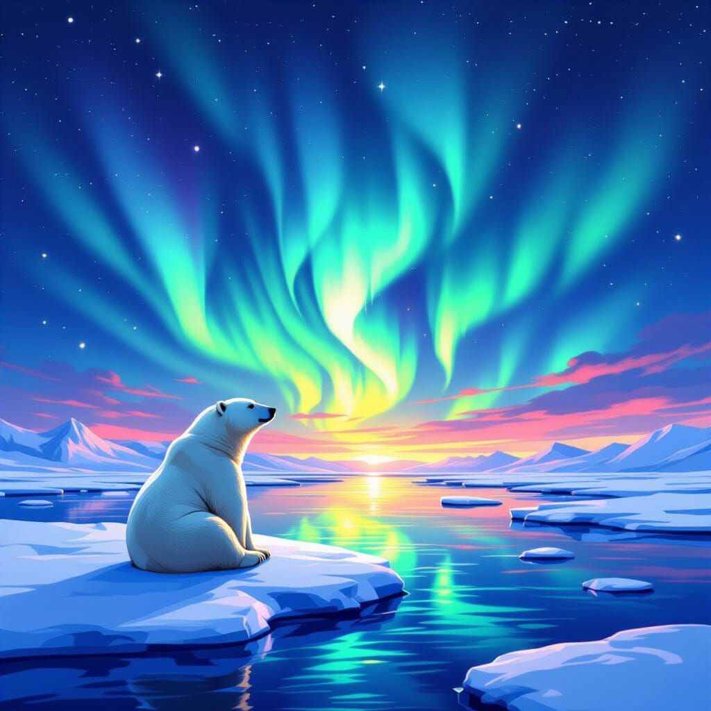 Polar Bear Gazing at Aurora Borealis