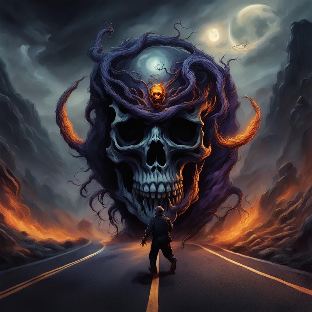 Menacing Creature Walks Dark Road in Dark Fantasy Art