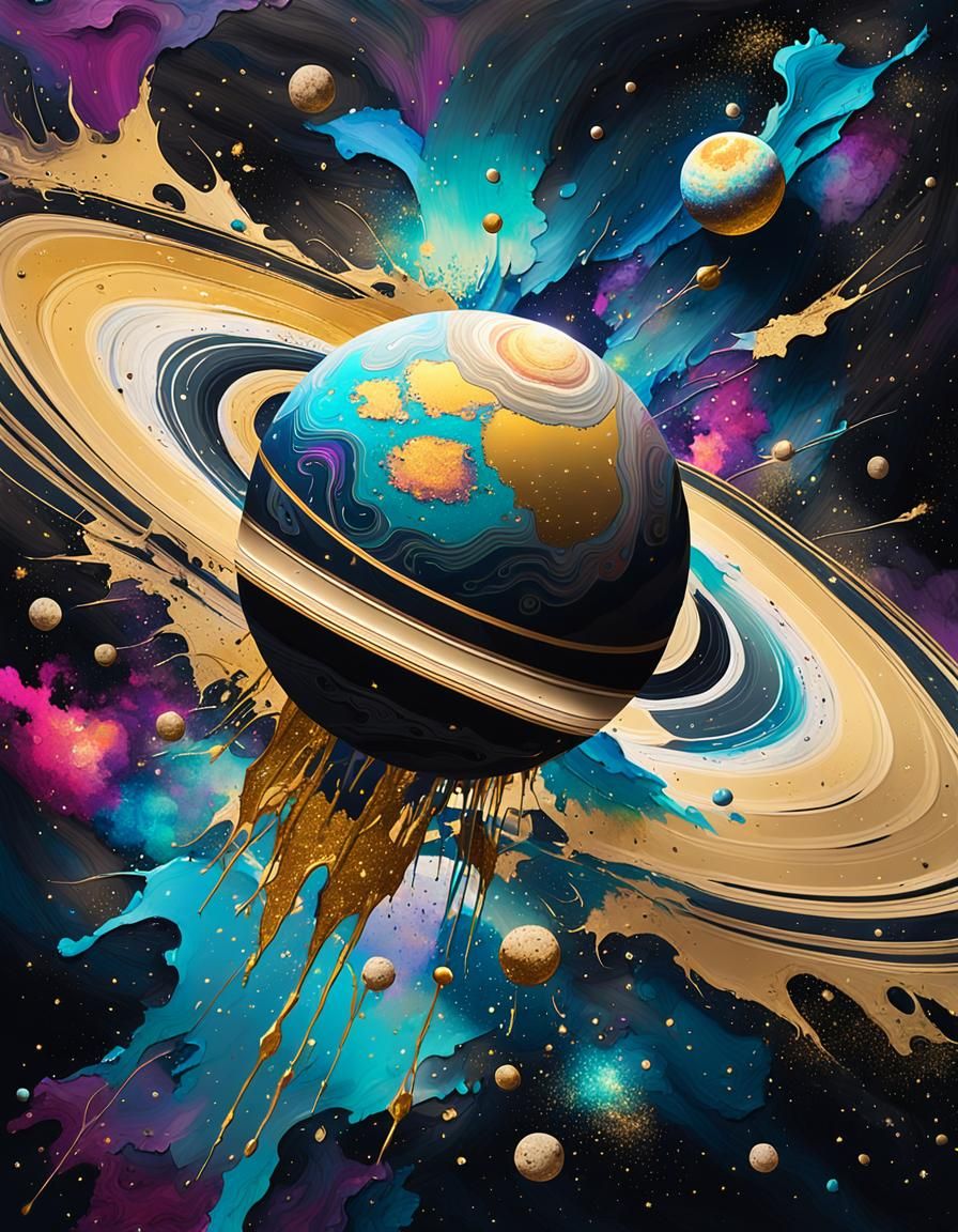 Saturn in Cosmic Splatter Art Style