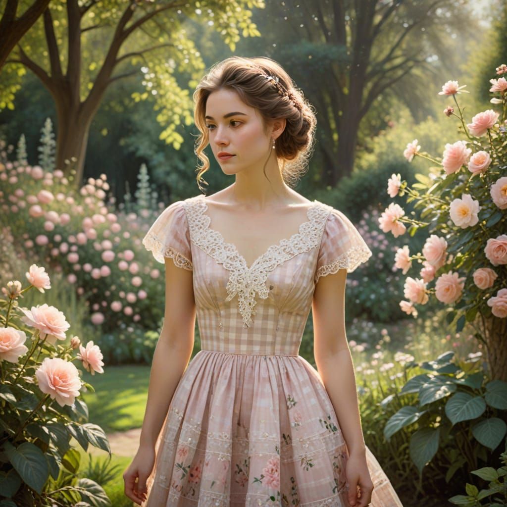 Elegant Young Woman in Gingham Prom Dress Amidst Whimsical G...