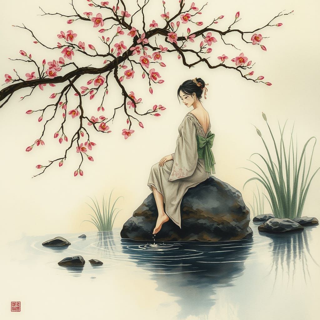 Ethereal Japanese Woman Basks in Morning Stream