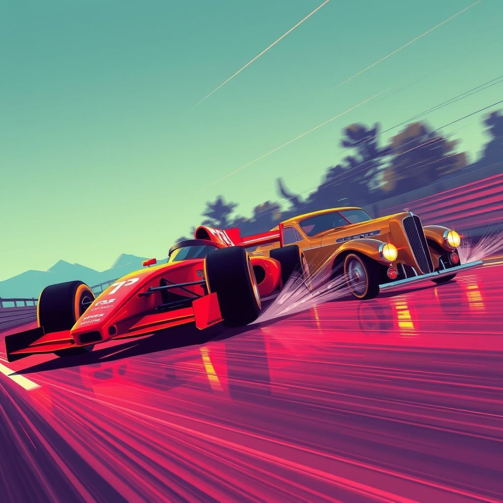 Formula One Car Speeding with Classic Car, Neon Art