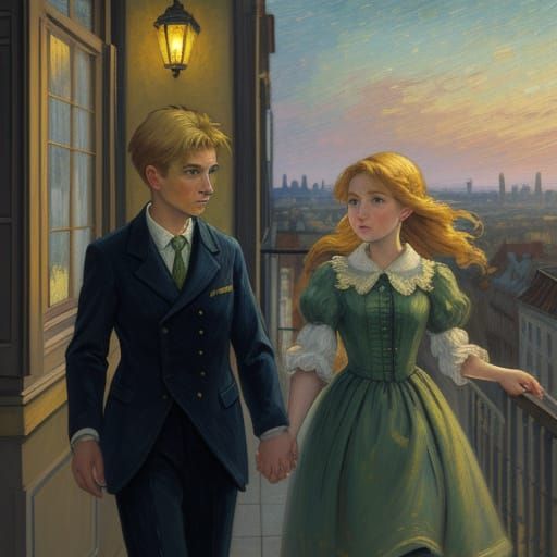 Whimsical Balcony Scene as Oil Painting