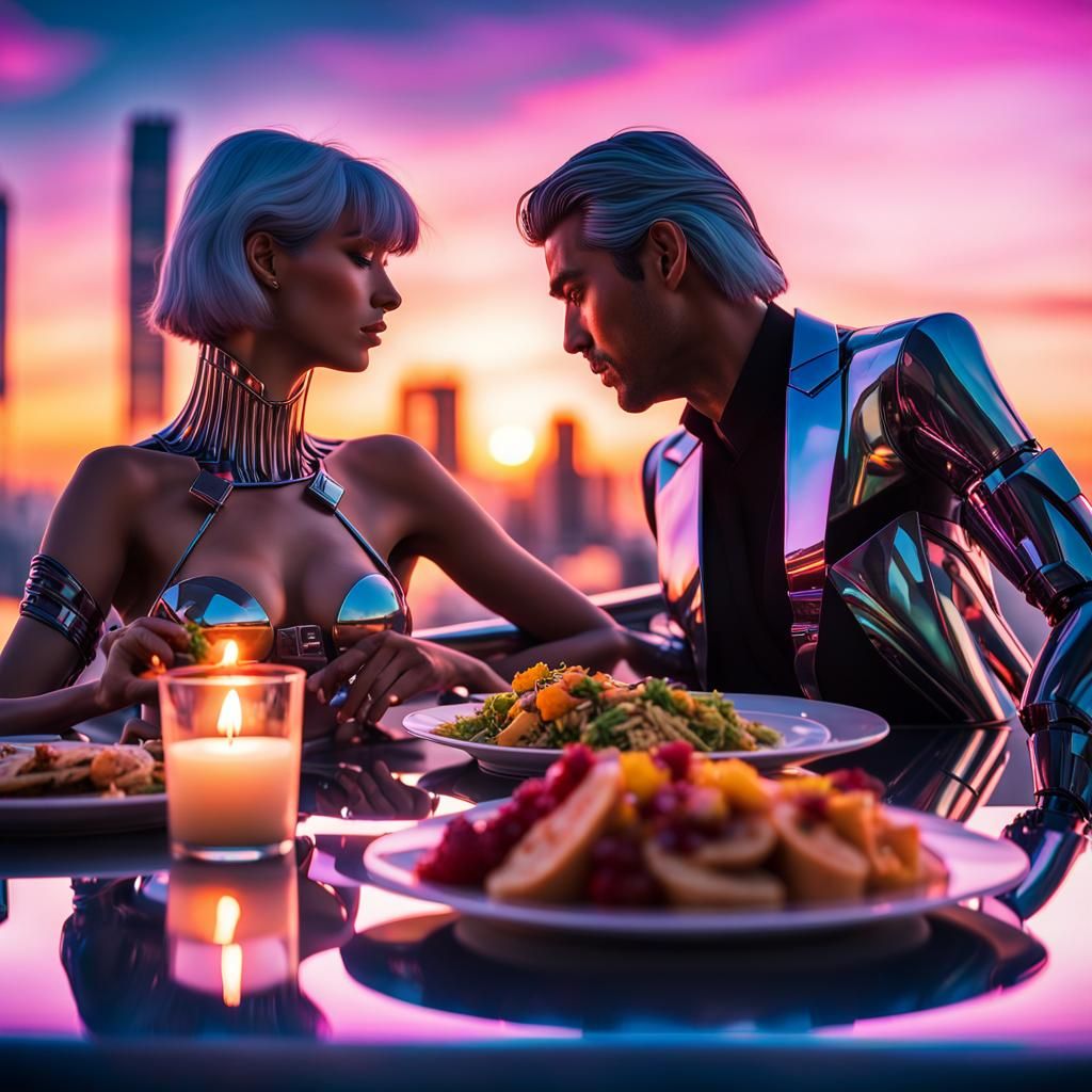 Miami Vice Dinner with Robots in Synthwave Sunset