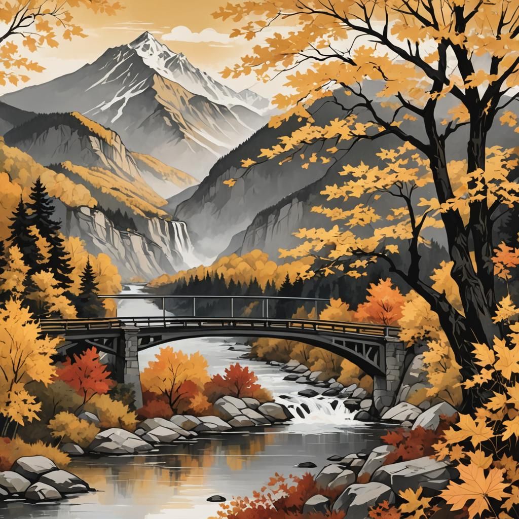 Golden River Landscape with Maple Tree