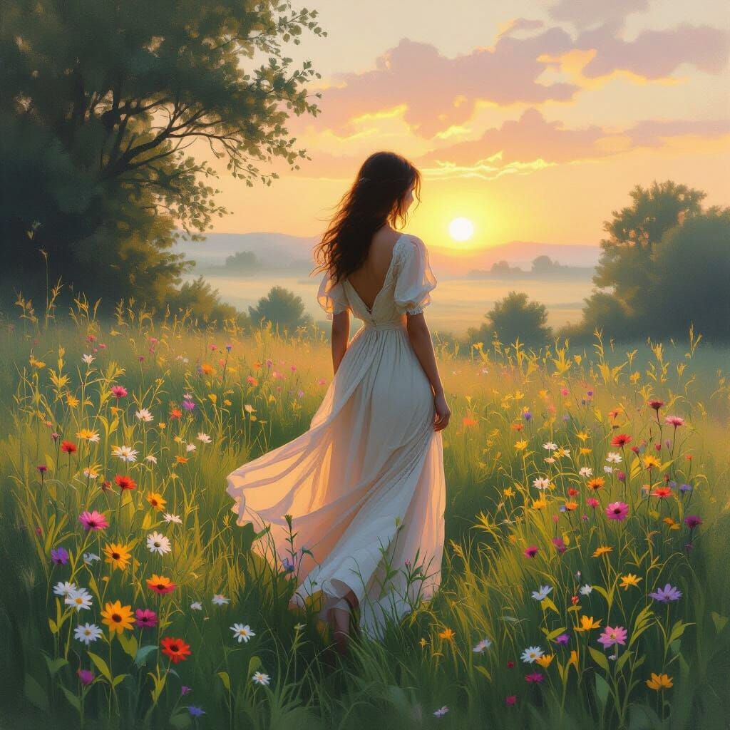 Woman in Dewy Meadow: Pre-Raphaelite Sunrise
